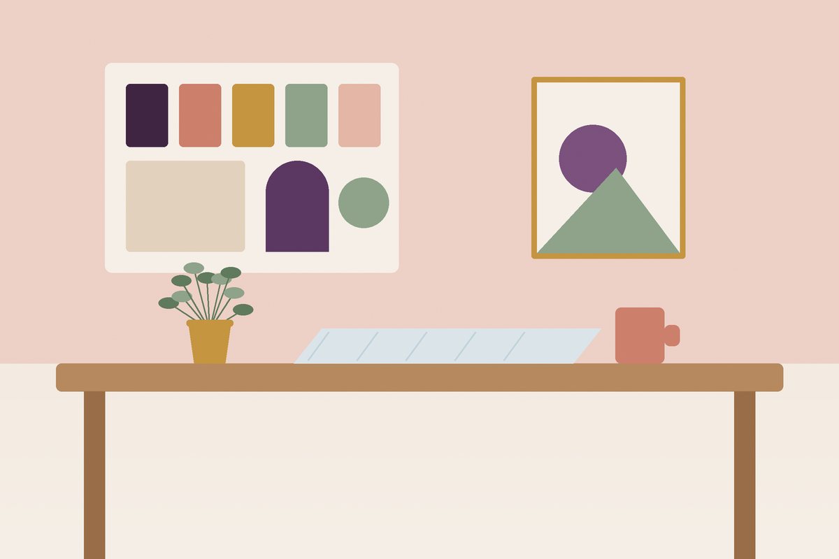 Design table with a mood board, colour swatches and room plans