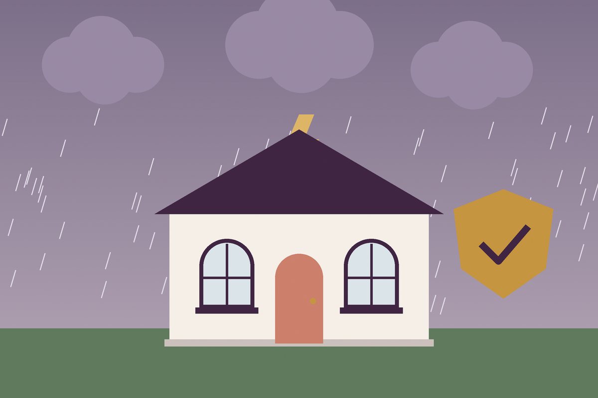 House in a rain storm protected by a shield badge