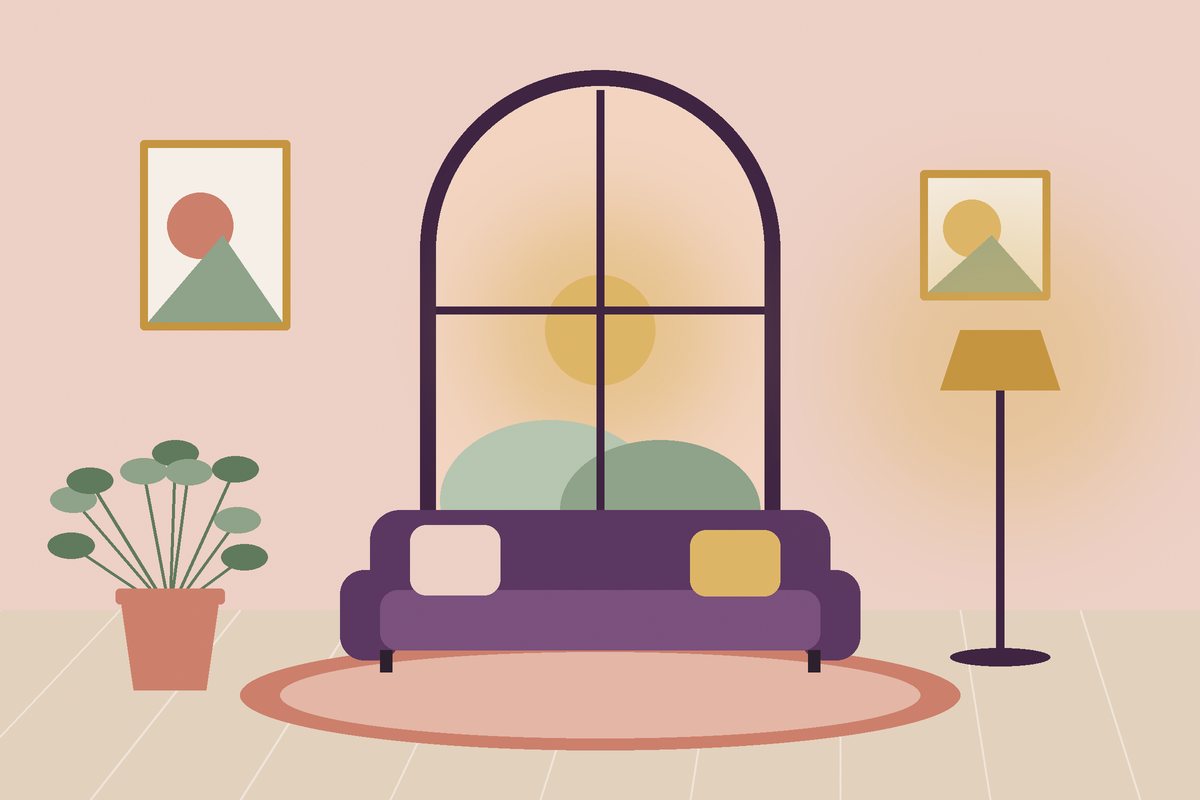 Bright living room with an arched window, plum sofa and warm floor lamp