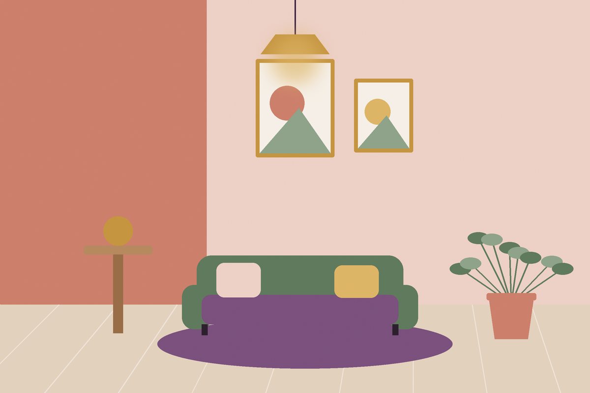 Cosy living room with a plum sofa, framed art and a pendant light