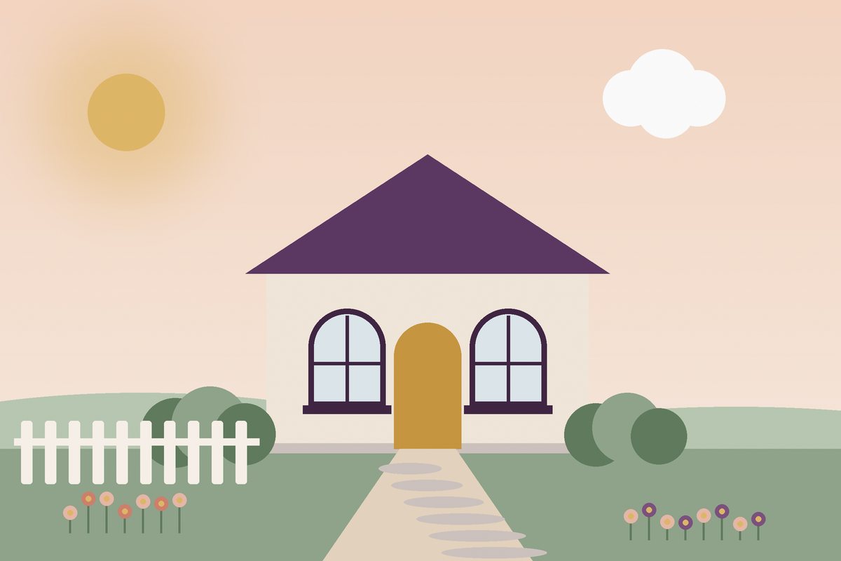 House with a stone garden path, picket fence, shrubs and flowers