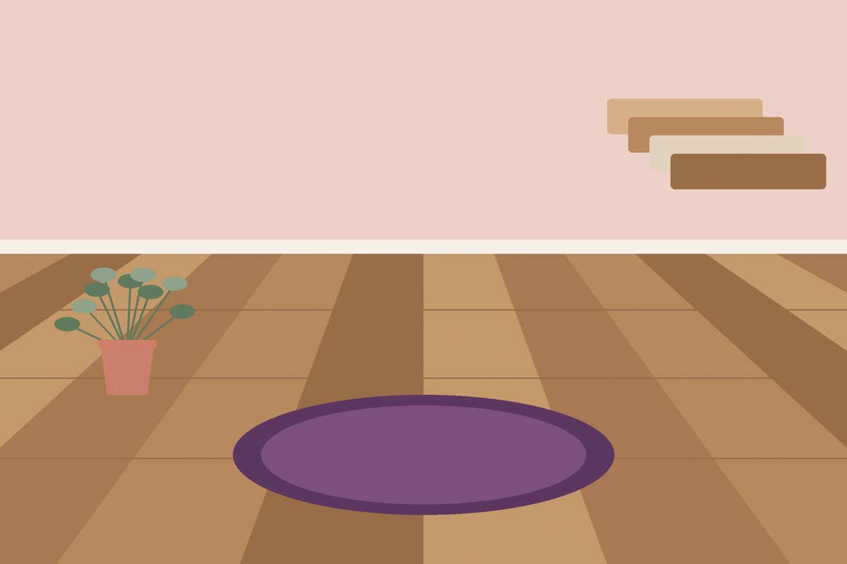 Room with warm wood plank flooring, a round rug and flooring samples