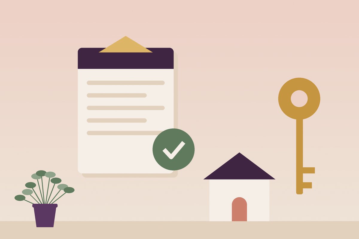 Signed home document with a checkmark, a key and a small house