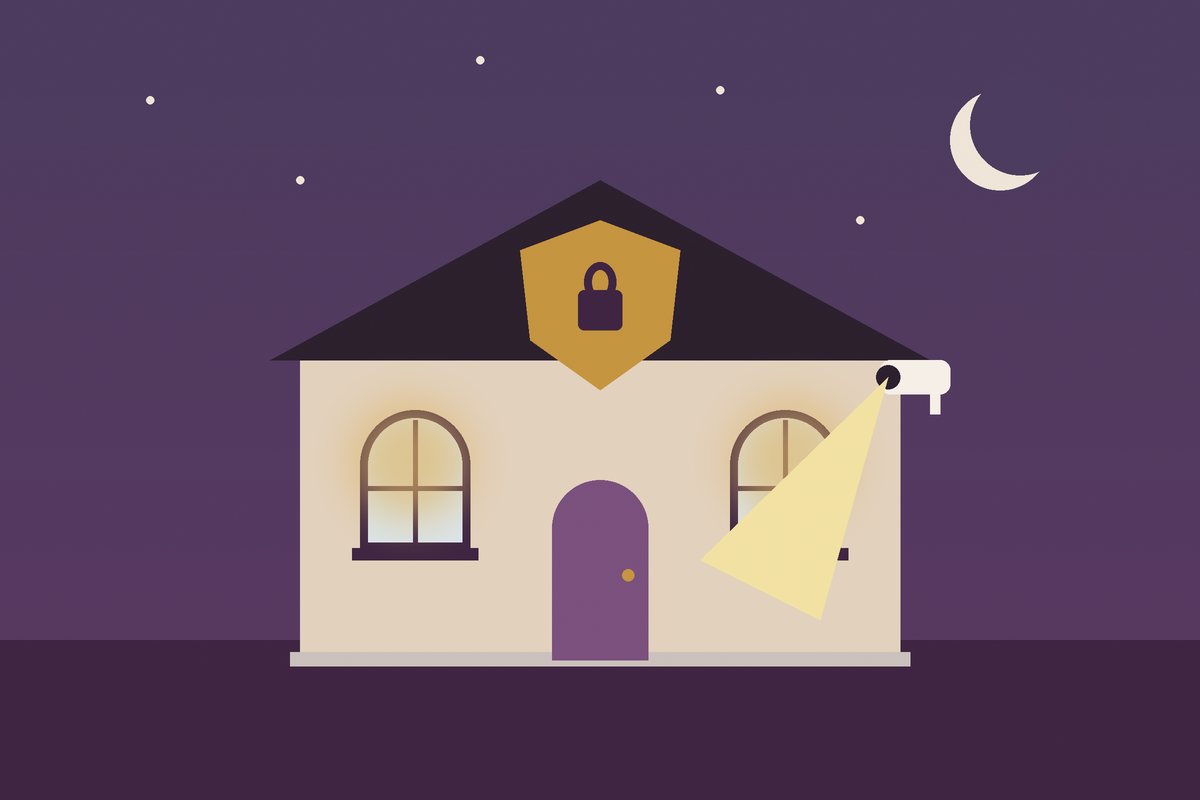 House at night with a security camera and a shield badge
