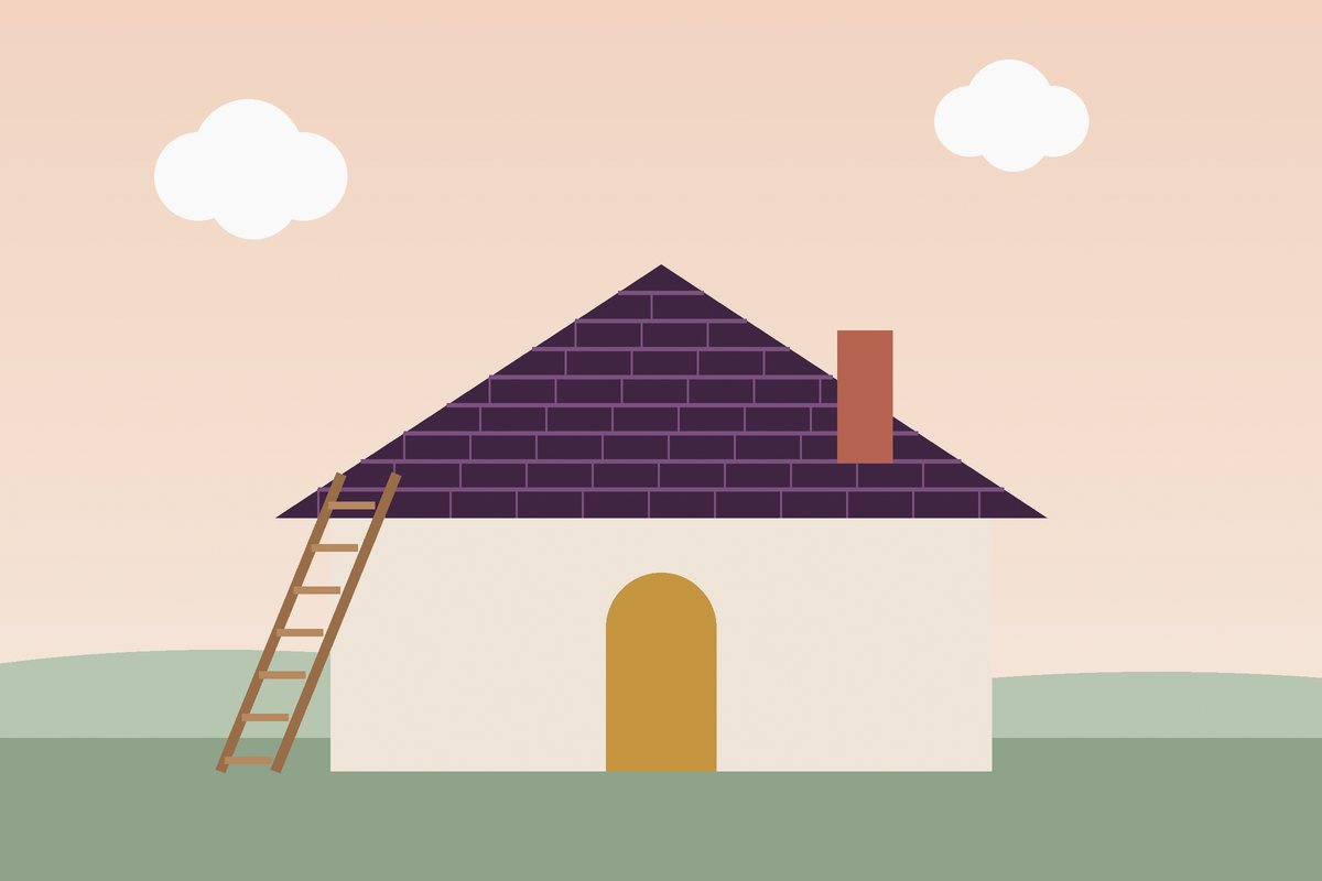 House with a freshly shingled roof and a ladder leaning on the wall