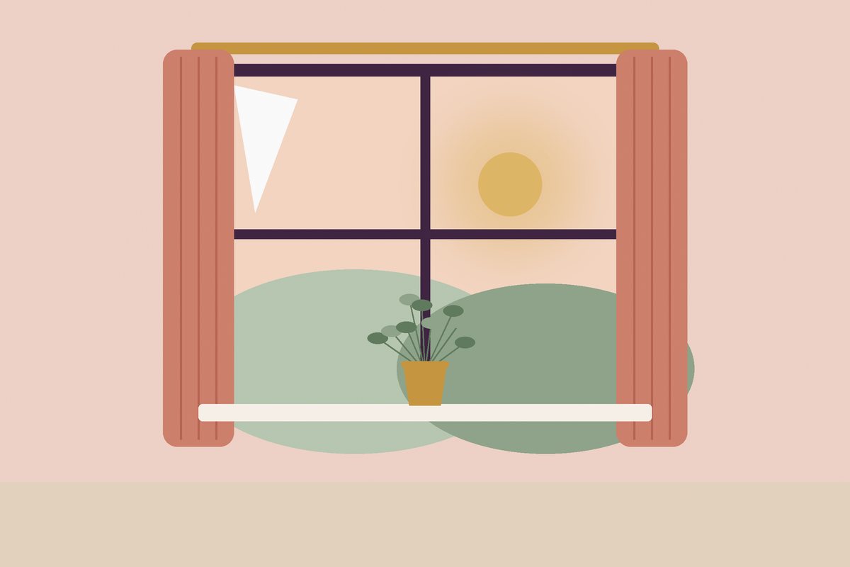Large new window framed by soft curtains with a garden view